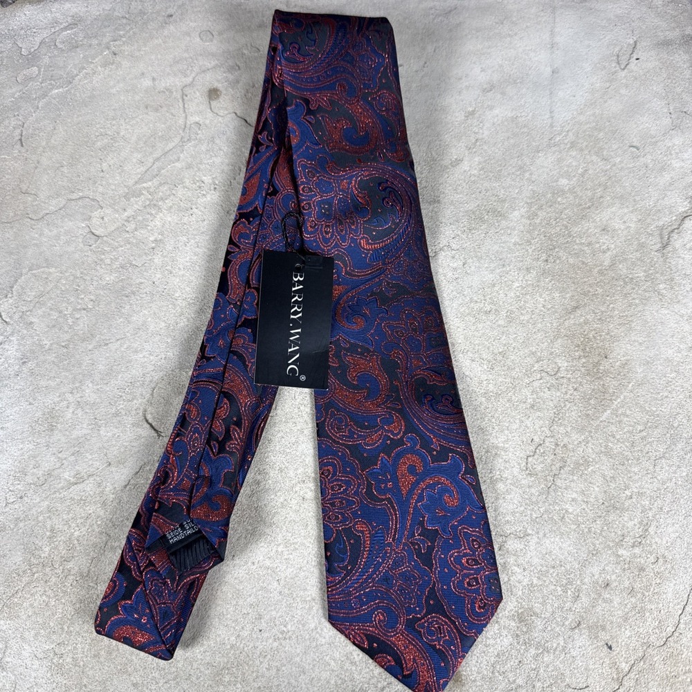Barry Wang Tie Mens Red‎ Blue Black Paisley Floral 100% Silk Handtailor Necktie